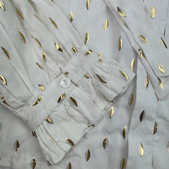 Solitaire White/Gold Geometric Foil Neck Tie ruffle cuff Blouse Women's sz XL - Picture 8 of 9